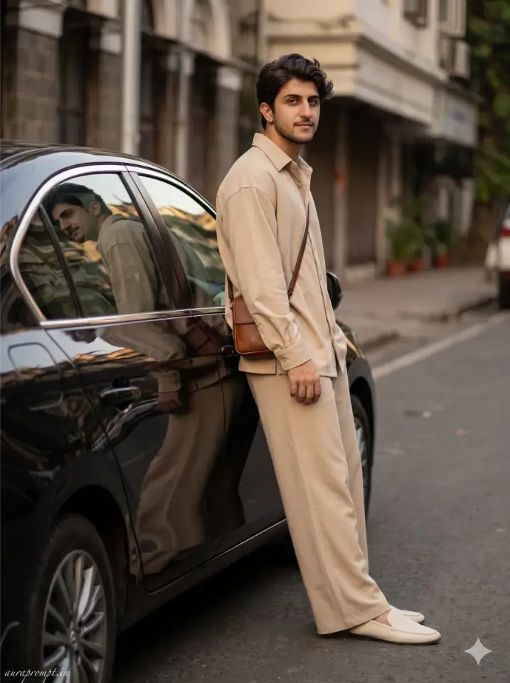 Indian creator in beige oversized co-ord set reflected in glossy black car window with Gemini AI car selfie prompt