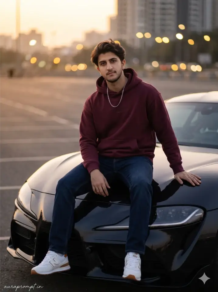 Indian boy in burgundy oversized hoodie sitting on black Toyota Supra bonnet at dusk with Google Gemini Boys Car AI Photo Prompts