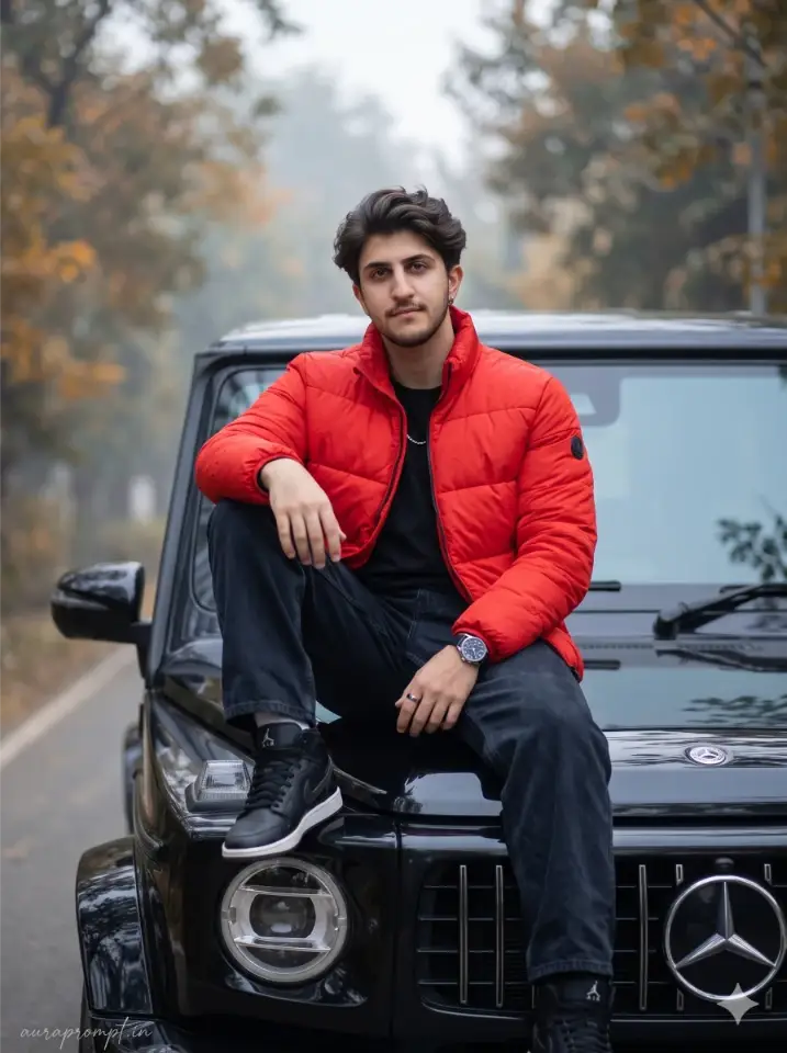 Indian boy in red puffer jacket sitting on black Mercedes hood using Gemini Boys Car AI Photo Prompts