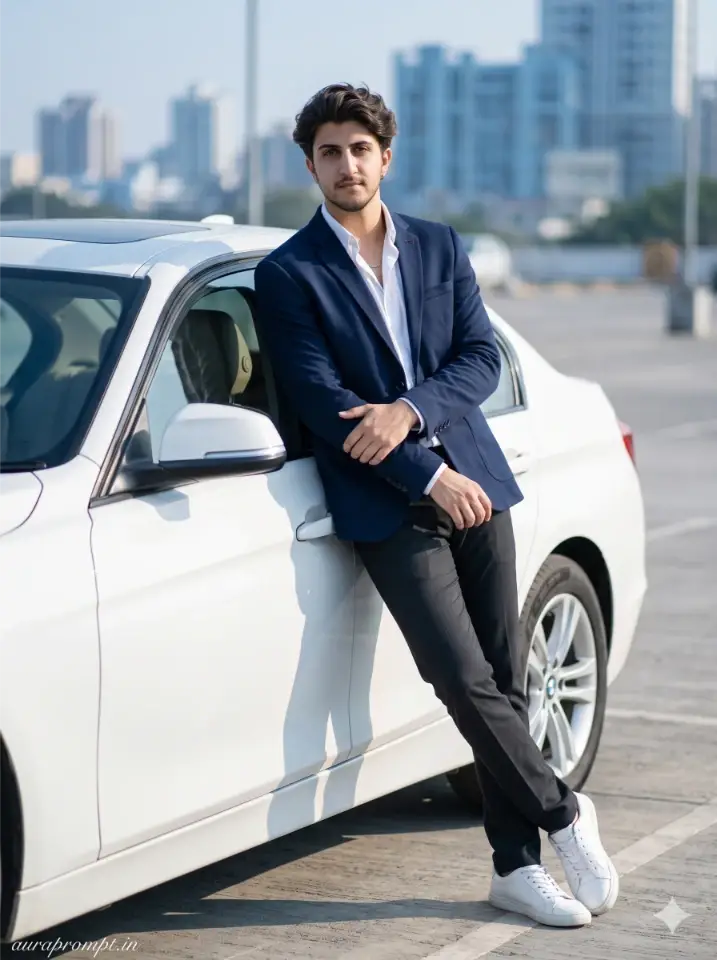 Stylish Indian boy in structured navy blazer leaning against white BMW door with Google Gemini AI photo prompt