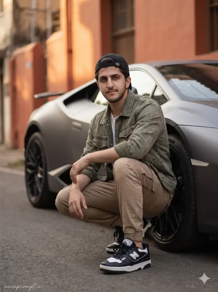 Young Indian man in olive cargo jacket crouching near grey sports car wheel with Pinterest boy pose AI prompt