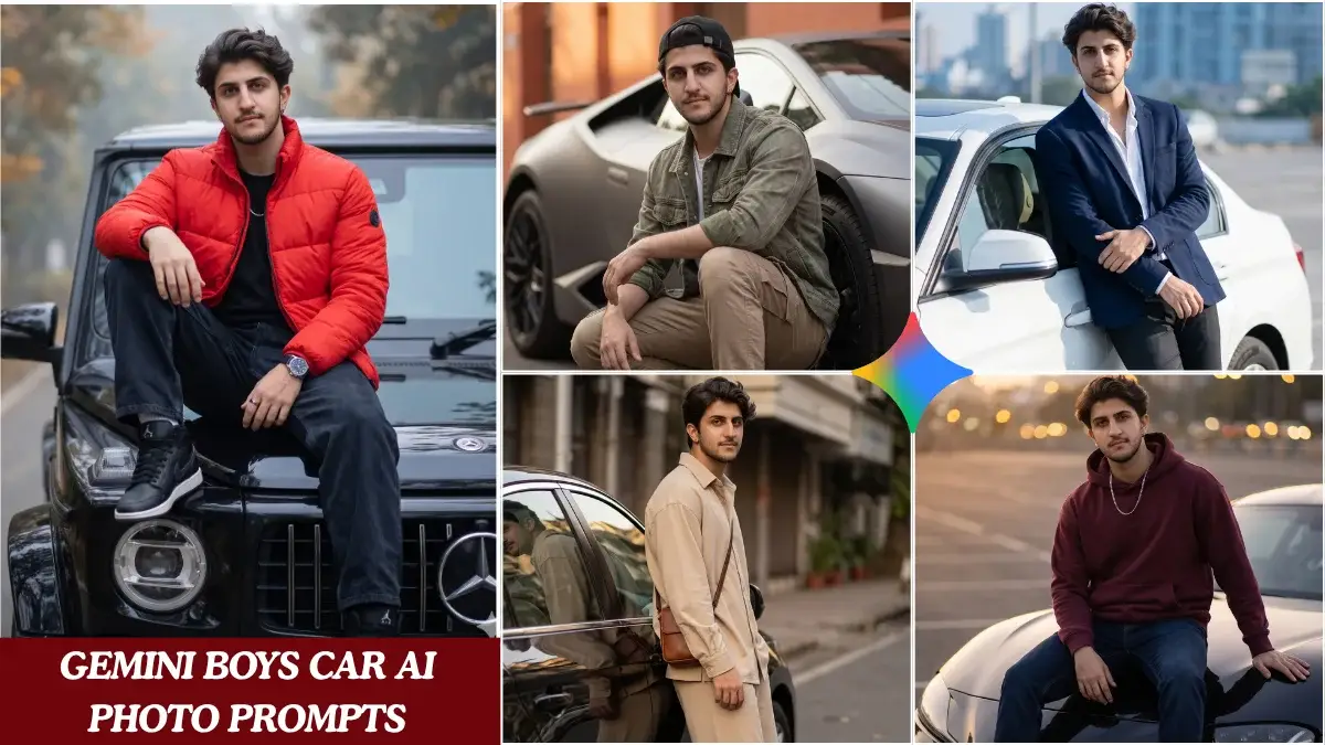 A stylish Indian boy in a black luxury car, generated using Gemini Boys Car AI Photo Prompts