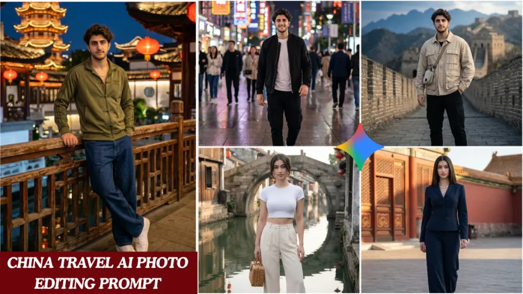 Indian boy and girl in Pinterest-style outfits posing at iconic China travel locations generated using Gemini China Travel AI Prompts