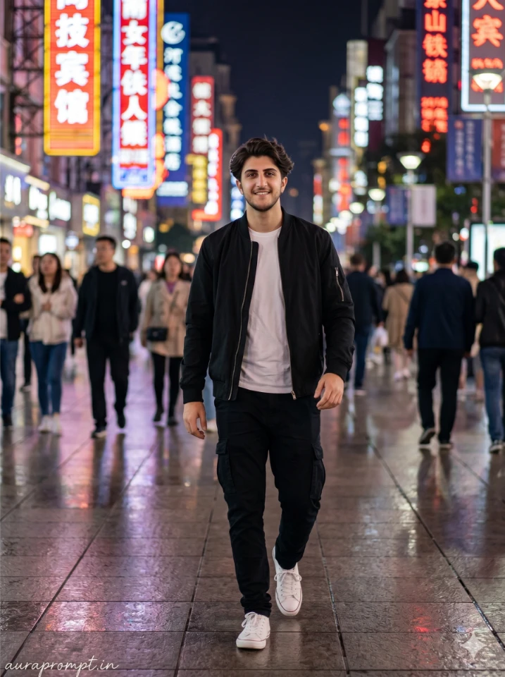 Indian boy in black bomber jacket walking Nanjing Road Shanghai neon lights Gemini China vacation photo prompt