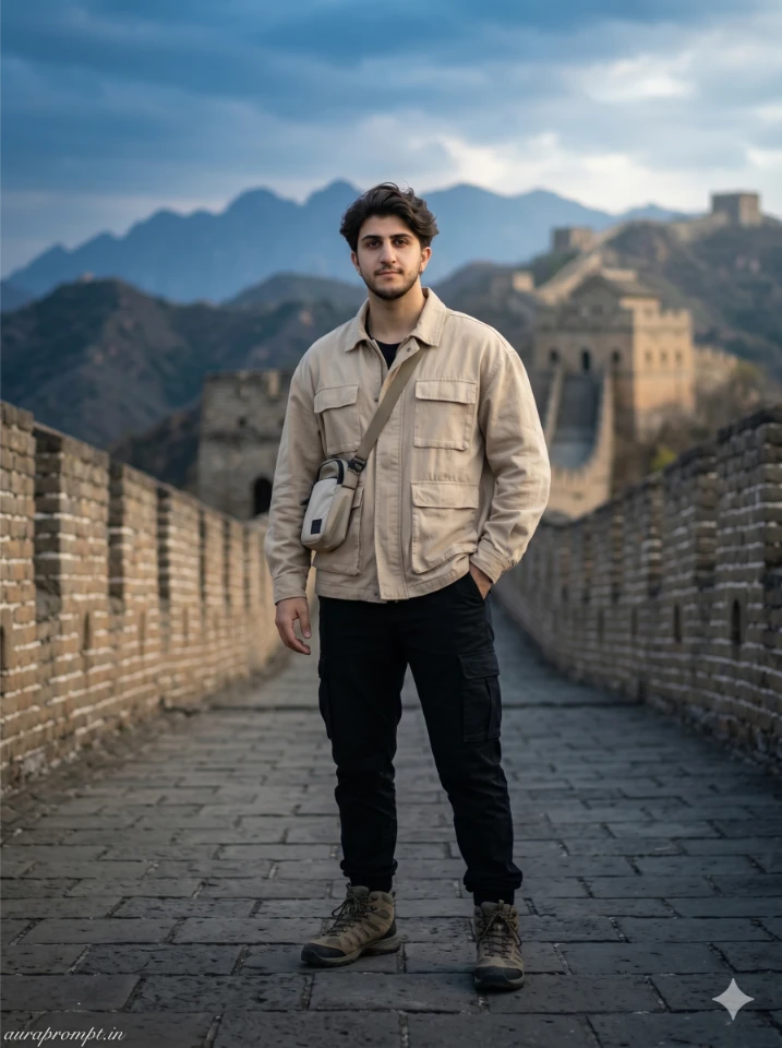 Indian boy in beige utility jacket standing on Great Wall of China during blue hour captured with Gemini AI travel photography prompt