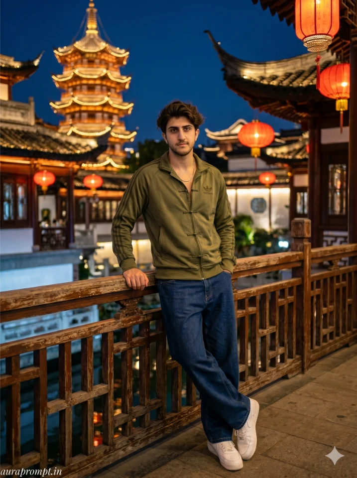Indian boy in olive green tracksuit leaning on carved wooden balcony at Yu Garden Shanghai generated with Gemini China Travel AI Prompt