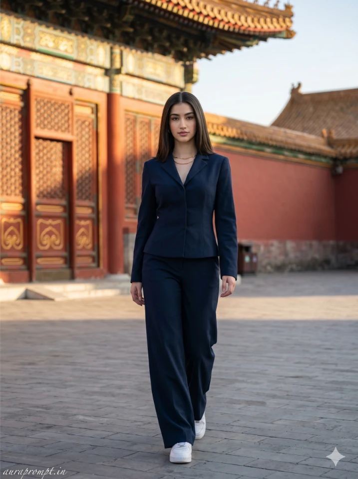 Indian girl in dark navy coord set walking Forbidden City Beijing courtyard China Travel Photoshoot Prompt