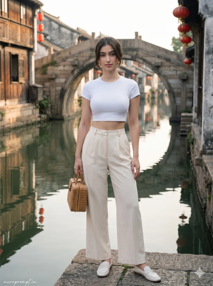 Indian girl in white crop top and wide-leg trousers at Wuzhen Water Town canal China Adventure Photo Editing Prompt