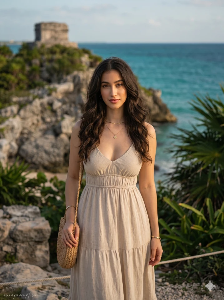Girl in beige boho maxi dress standing near Tulum Mayan ruins overlooking the Caribbean Sea with Gemini AI travel prompt