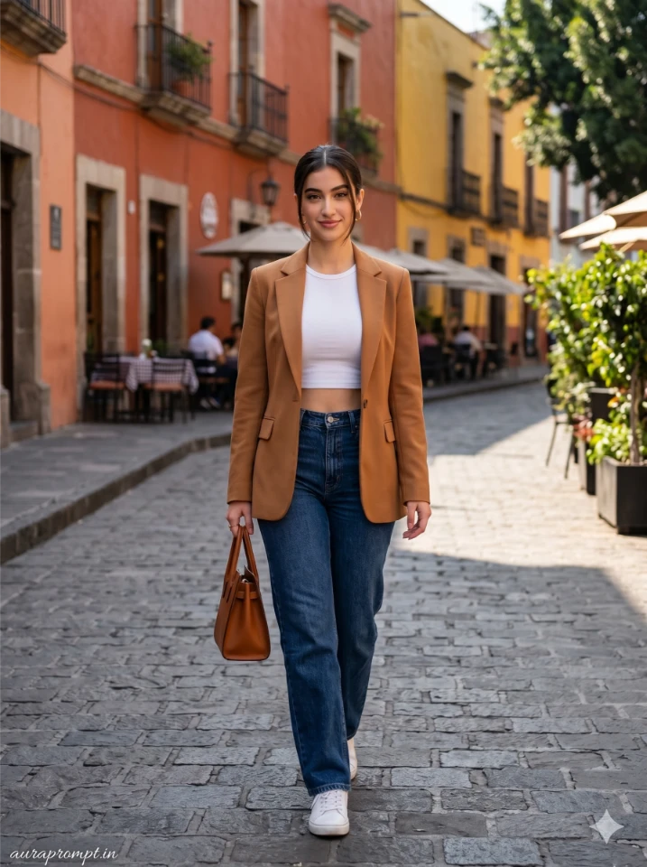 Confident girl in blazer and fitted jeans walking through colorful Mexico City colonial streets with AI travel photography prompt