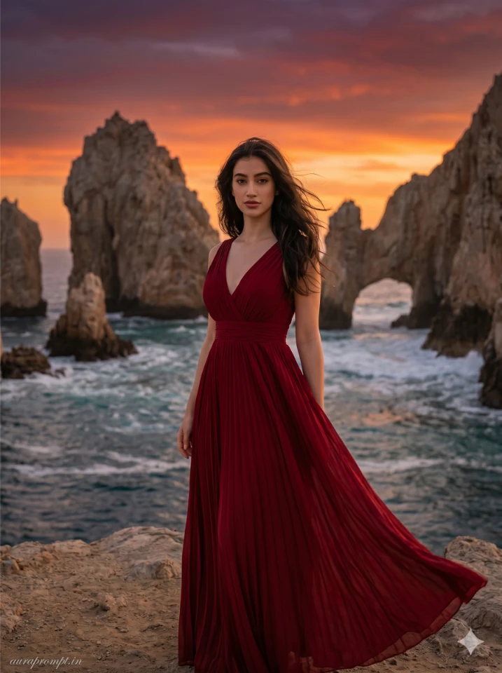 Girl in elegant red evening dress standing at Cabo San Lucas cliffside at sunset with Gemini AI vacation prompt