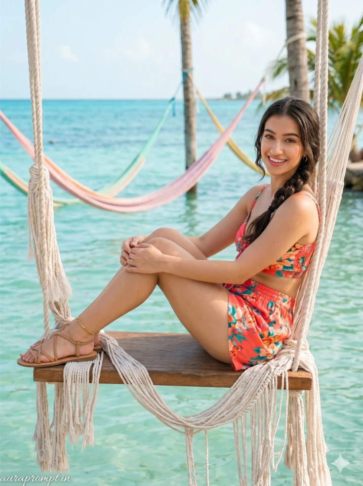 Girl in colorful tropical outfit relaxing on Isla Mujeres beach swing with crystal-clear water using Gemini AI prompt