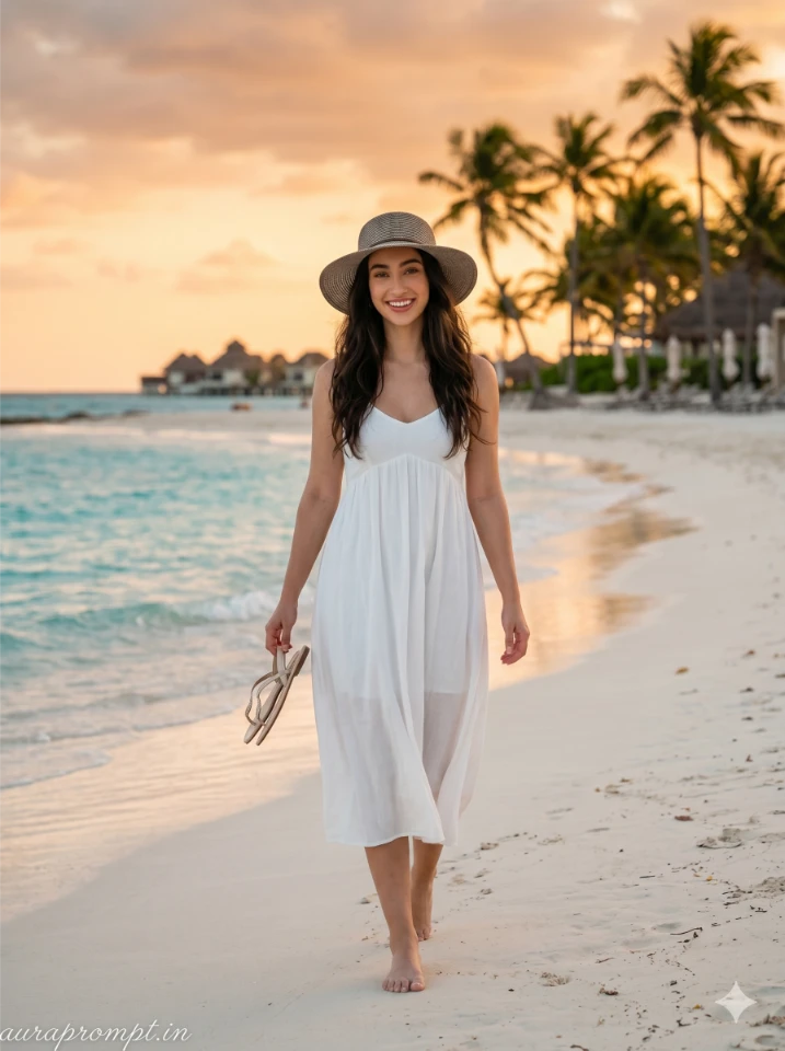 Girl in white flowing dress walking barefoot on Cancun white sand beach at sunset using Gemini Mexico Travel AI Prompt
