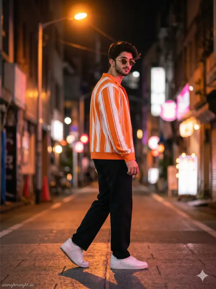 Gen Z ChatGPT photo editing prompt for boys featuring orange striped jersey jacket black trousers gold sunglasses night street neon bokeh editorial