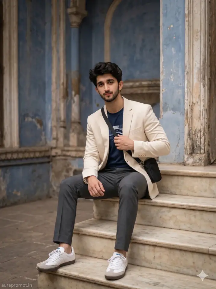 Cinematic portrait prompt for boys featuring cream blazer navy graphic tee white sneakers vintage architecture marble staircase editorial fashion photography