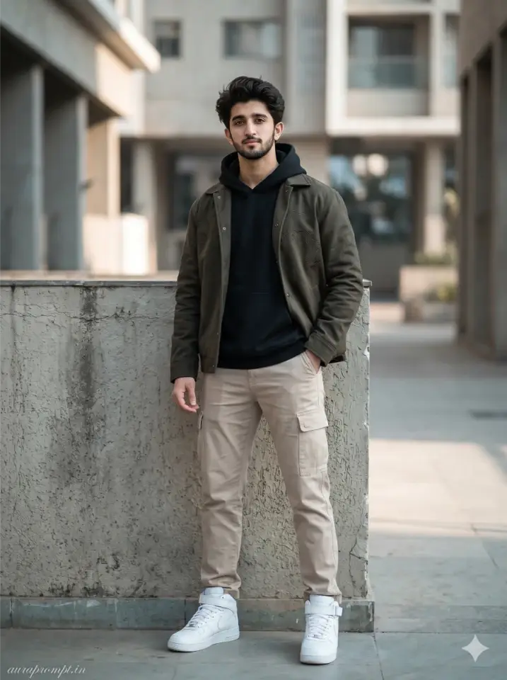 Gen Z ChatGPT photo editing prompt for boys showing oversized black hoodie olive jacket beige cargo pants white sneakers against concrete urban wall