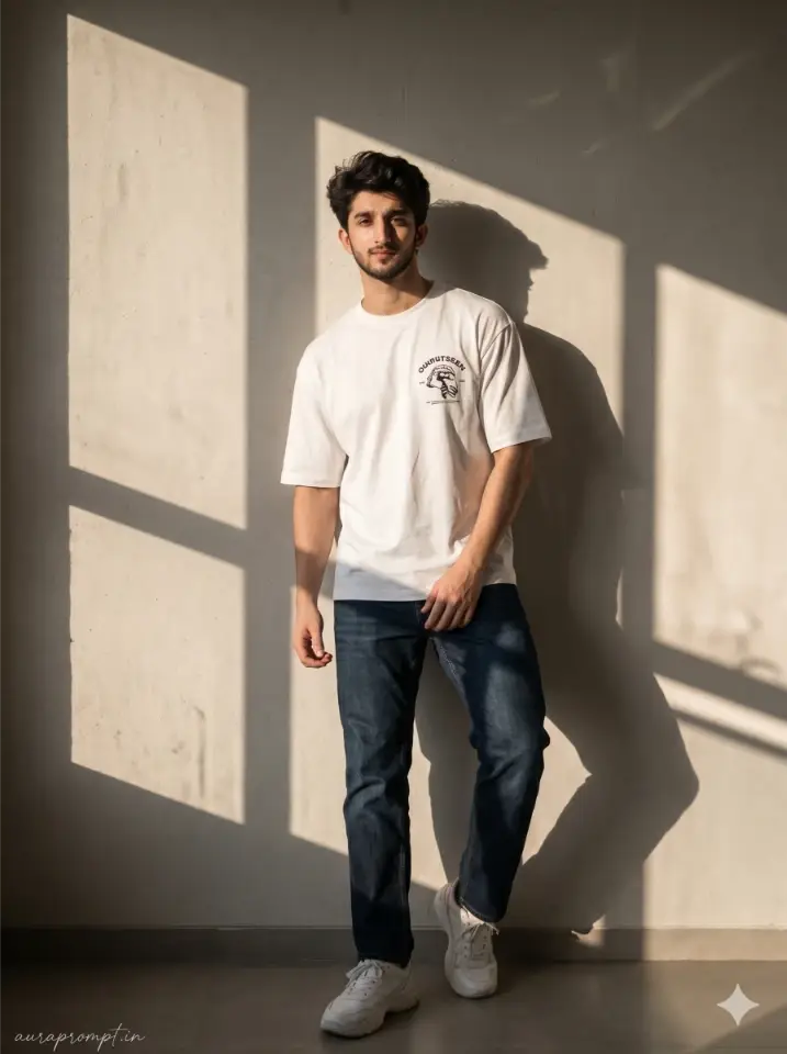 Gen Z AI photo prompt for boys with white graphic tee dark denim jeans geometric shadow wall cinematic indoor editorial portrait Instagram