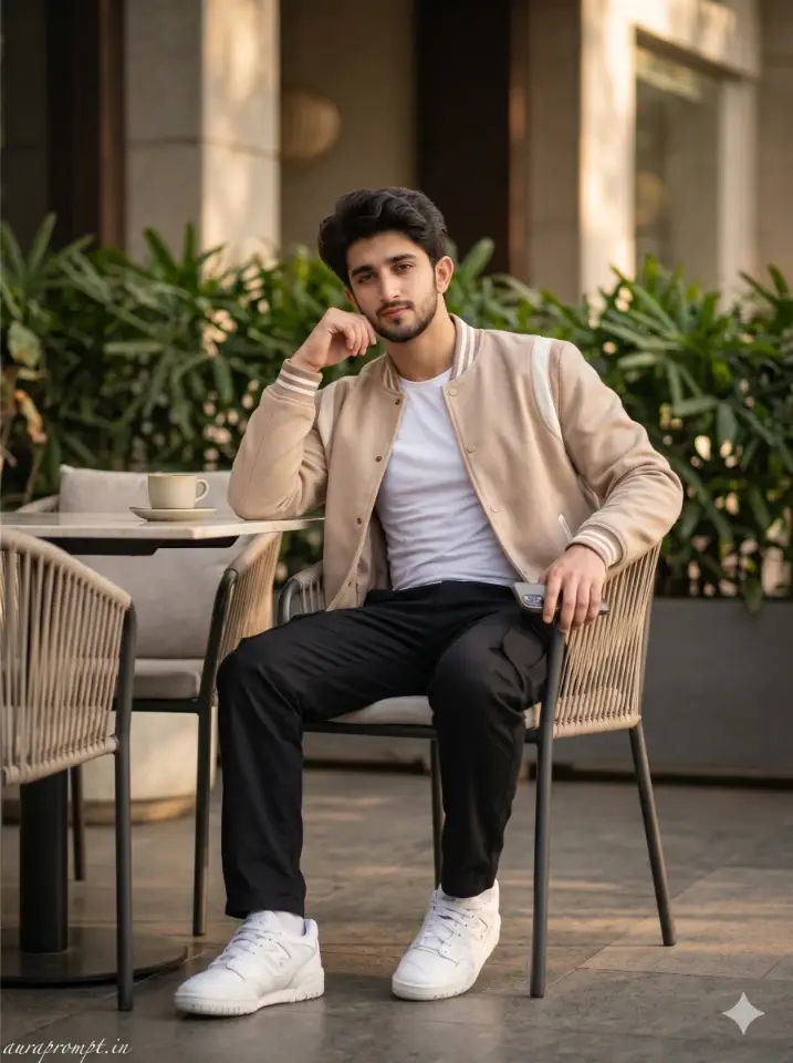 Gen Z ChatGPT photo editing prompt for boys with beige varsity jacket white tee black cargo pants white sneakers outdoor café Pinterest lifestyle portrait 2026