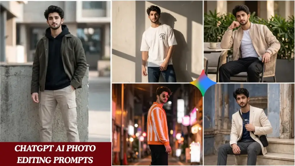 Five Gen Z ChatGPT photo editing prompts for boys showing Pinterest streetwear and cinematic editorial looks for Instagram 2026