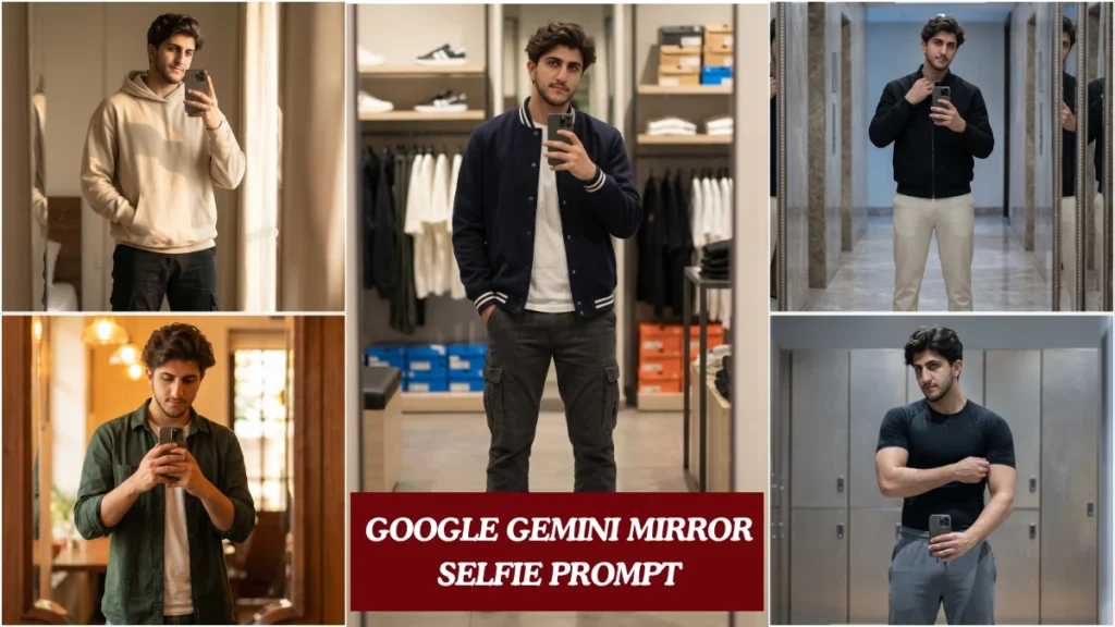 Five Google Gemini aesthetic AI mirror selfie prompts for boy showing Pinterest outfits in bedroom, café, gym, hotel hallway, and streetwear store settings