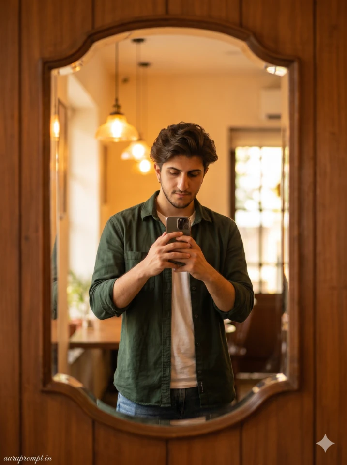 Pinterest boy mirror selfie prompt featuring dark green overshirt and relaxed jeans inside warm aesthetic café