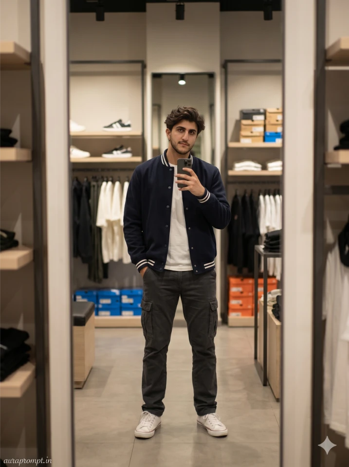 AI mirror selfie photo editing prompt with boy in navy varsity jacket inside urban streetwear store fitting mirror