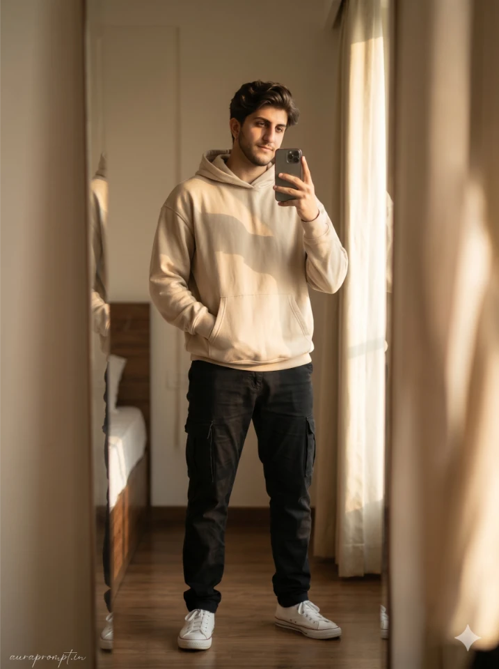 Google Gemini aesthetic AI mirror selfie prompt for boy in oversized beige hoodie and black cargo pants standing in minimalist bedroom