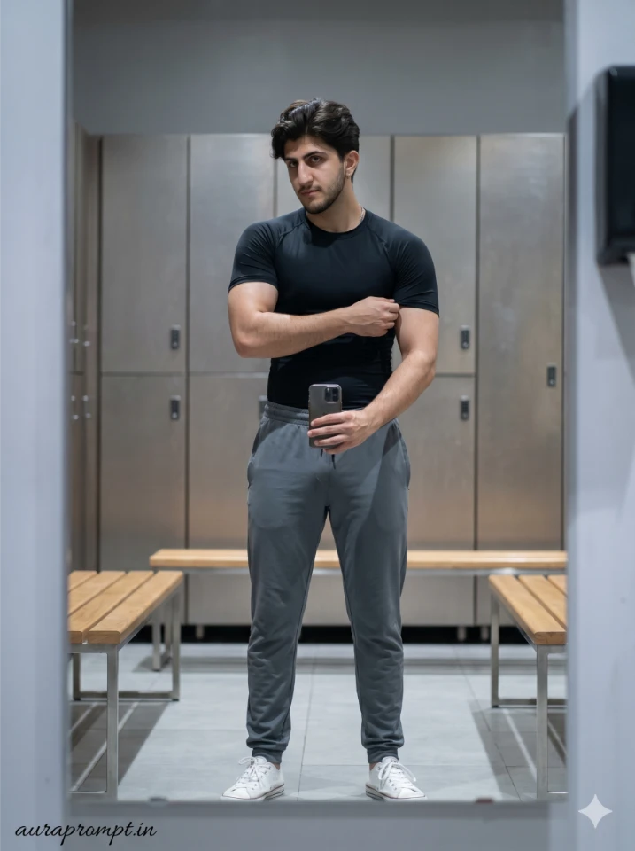 Gemini AI mirror selfie photo editing prompt showing boy in black compression shirt inside modern gym locker room