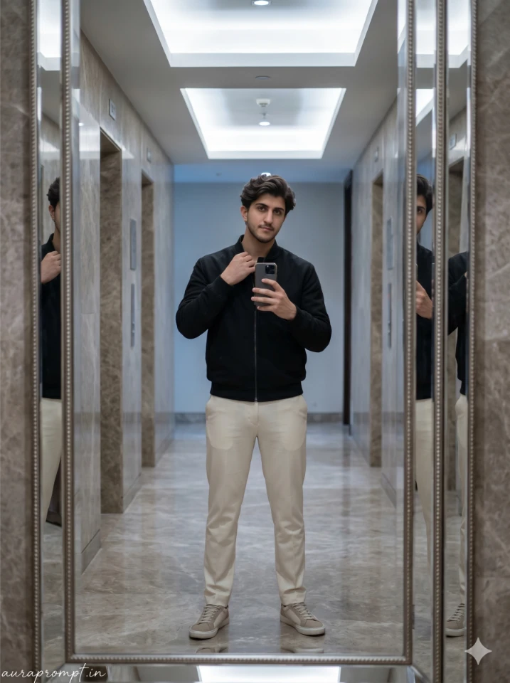Aesthetic mirror selfie boy prompt in black bomber jacket and cream trousers captured in elegant hotel hallway mirror