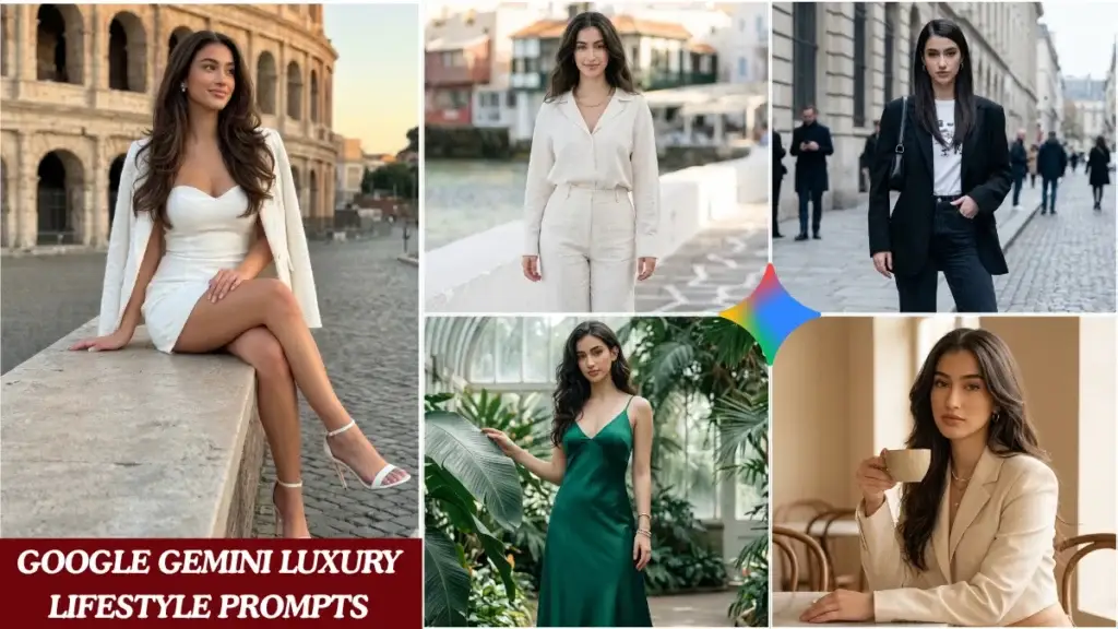 A cinematic collage of five Google Gemini luxury lifestyle prompts for girls wearing branded outfits in editorial Pinterest-style AI photos