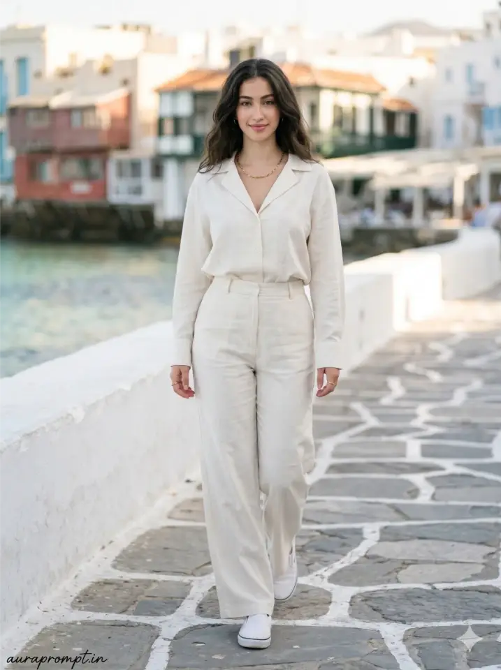 A girl in white linen co-ords walking on a coastal promenade, Gemini fashion photography prompts Pinterest luxury lifestyle AI photo