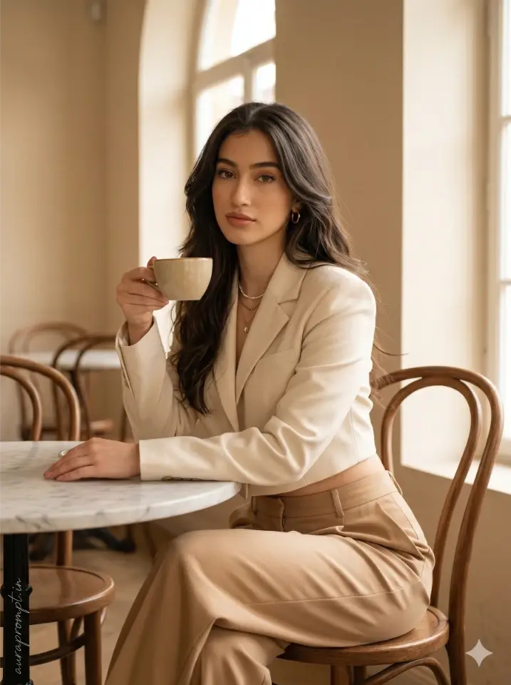 A girl in a cream camel co-ord set seated at a European café, Google Gemini luxury lifestyle prompts editorial AI photo