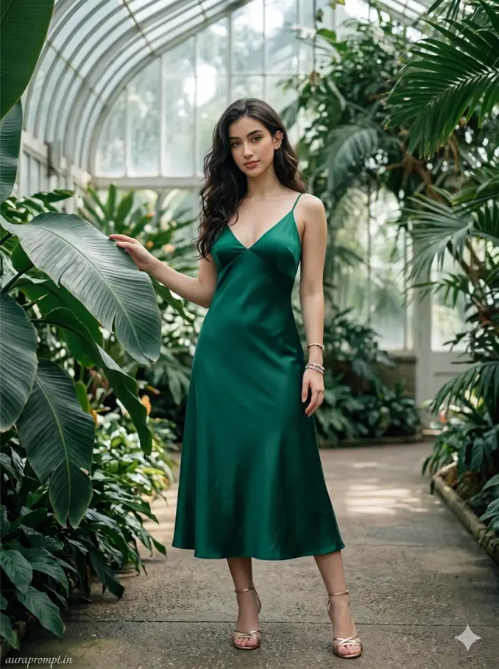 A girl in an emerald satin dress inside a botanical greenhouse, rich girl aesthetic Gemini AI luxury lifestyle photo prompt