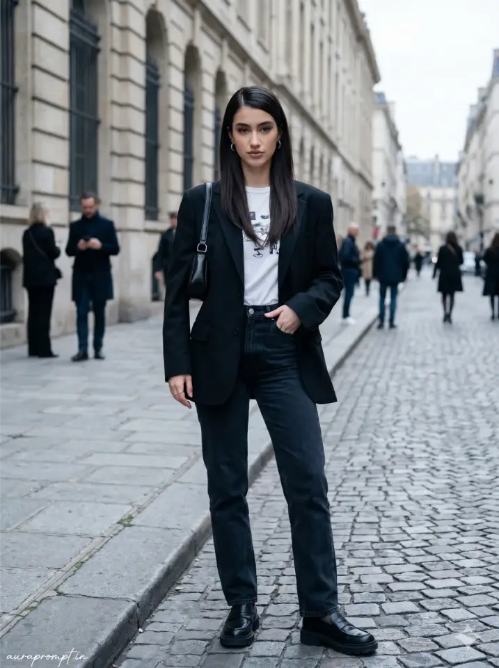 A girl in a black oversized blazer and dark jeans on a fashion week cobblestone street, Pinterest luxury girl photo prompts Gemini AI lifestyle editorial