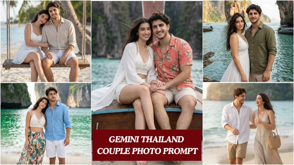 Google Gemini Thailand couple photo prompt collage showing 5 cinematic scenes across Phi Phi Islands, Krabi, Maya Bay, James Bond Island, and Railay Beach.
