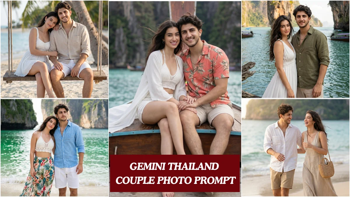 Google Gemini Thailand couple photo prompt collage showing 5 cinematic scenes across Phi Phi Islands, Krabi, Maya Bay, James Bond Island, and Railay Beach.