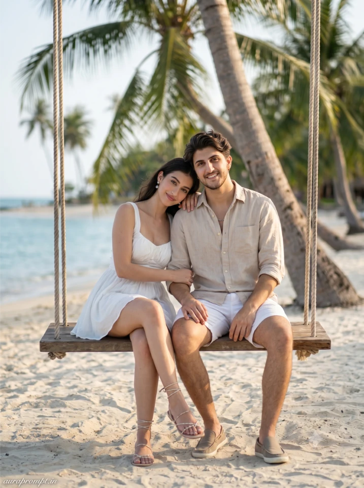 Indian couple in white Pinterest beach mini dress and beige linen shirt sitting on a Koh Samui wooden beach swing using Google Gemini Thailand couple photo prompt.