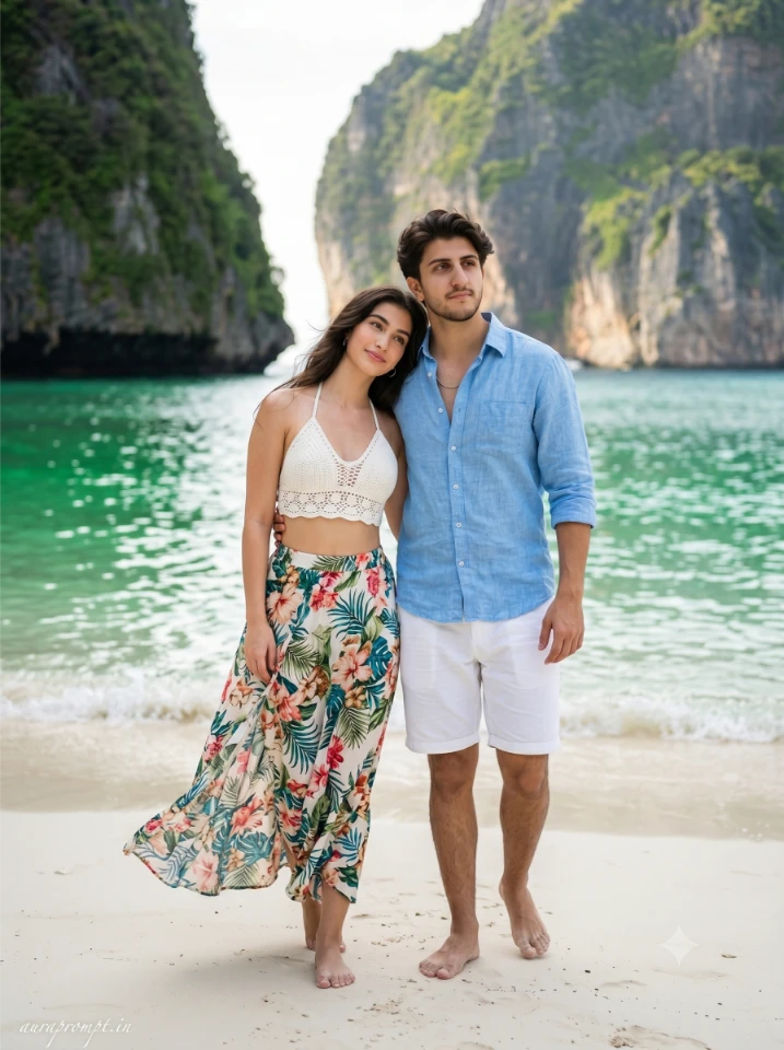 Maya Bay: Indian couple in white crop top tropical skirt and sky-blue linen shirt standing at Maya Bay beach with couple vacation photo prompt.