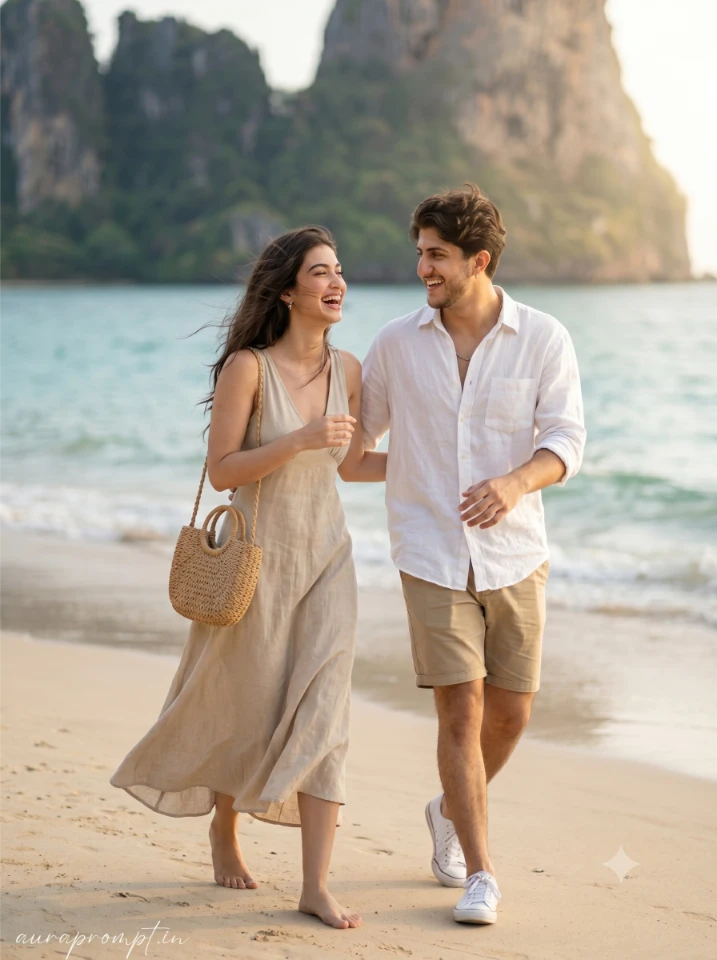 Krabi Beach: Indian couple in beige Pinterest beach dress and linen shirt walking barefoot along Krabi shoreline with Gemini AI travel couple prompt.