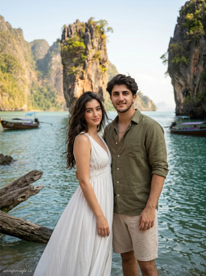 James Bond Island: Indian couple in white Pinterest short dress and olive resort shirt at Phang Nga Bay using Thailand travel photography prompt.