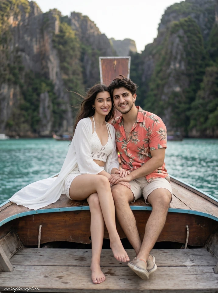 Phi Phi Islands: Indian couple in white co-ord set and coral tropical shirt seated on a longtail boat using Google Gemini Thailand couple photo prompt.