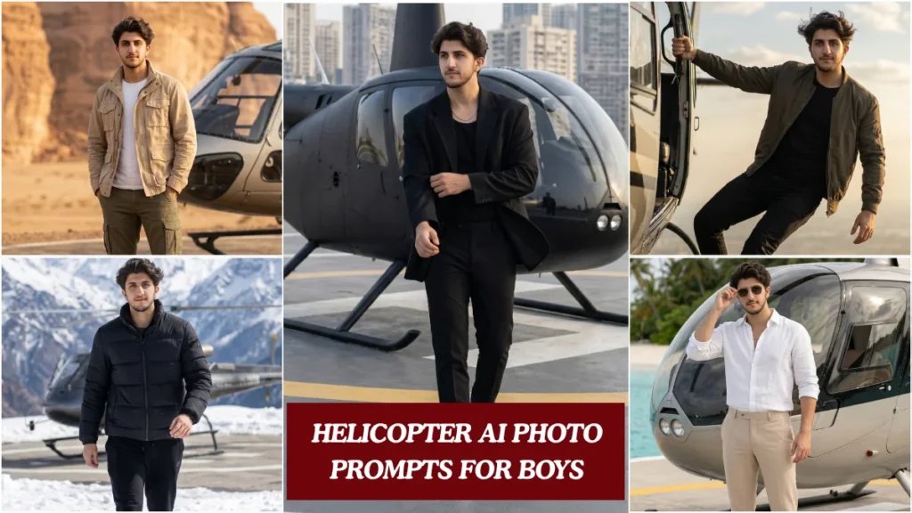 Five cinematic helicopter AI photo prompts for boys showing helipad arrivals and travel shots generated with Google Gemini AI prompt