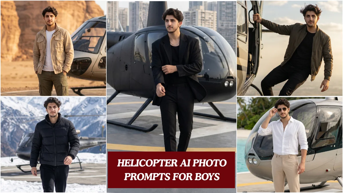 Five cinematic helicopter AI photo prompts for boys showing helipad arrivals and travel shots generated with Google Gemini AI prompt