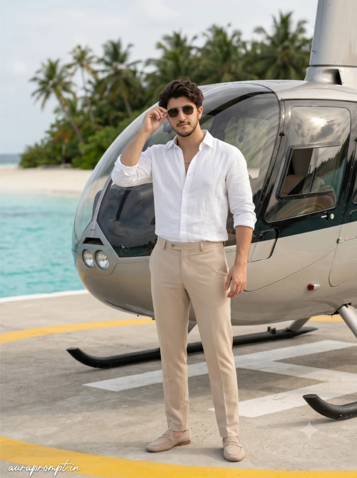 Boy in white linen shirt adjusting sunglasses beside tropical island helicopter generated with private helicopter AI photo prompts for boys