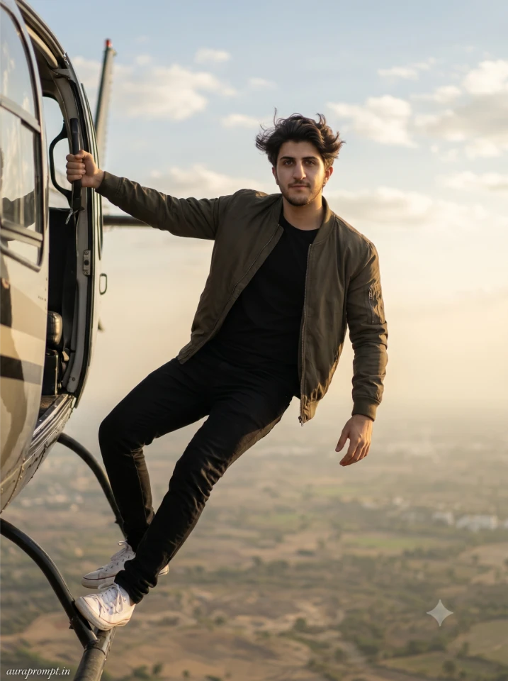 Boy in dark olive bomber jacket hanging mid-air from helicopter door against open sky generated with helicopter AI photo prompt for boys on Gemini AI