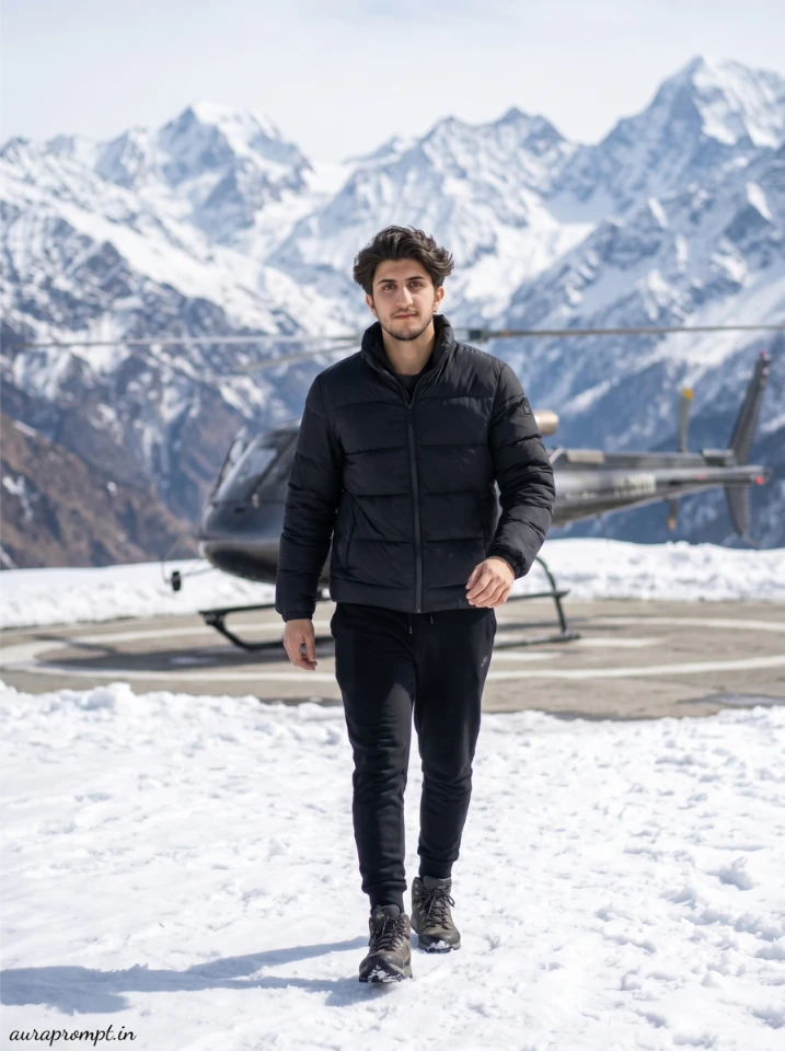 Boy in black puffer jacket walking toward camera on snow-covered mountain helipad generated using Google Gemini helicopter photoshoot prompt