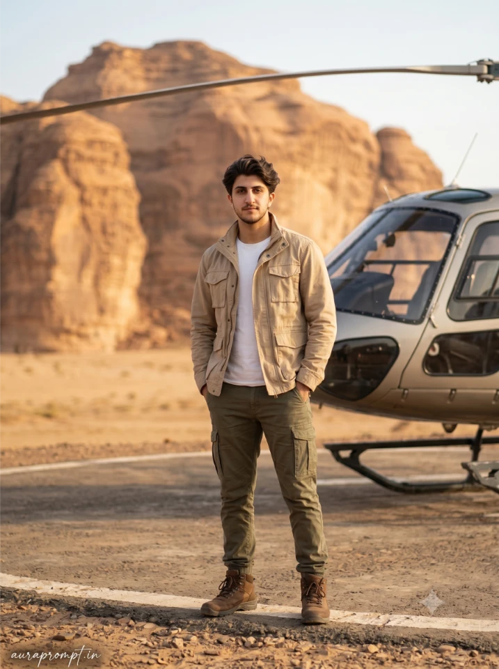 Indian boy in beige utility jacket standing beside desert helicopter with hands in pockets generated using Gemini AI travel photography prompt