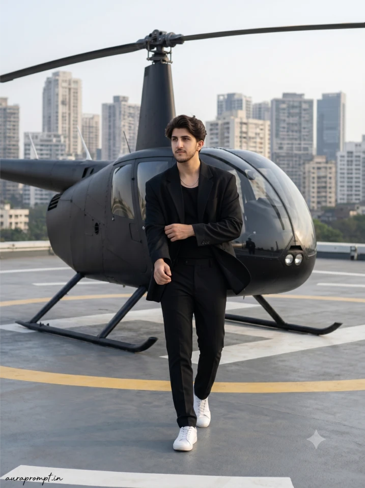 Boy in black oversized blazer walking away from matte black helicopter on city helipad generated with helicopter AI photo prompta for boys