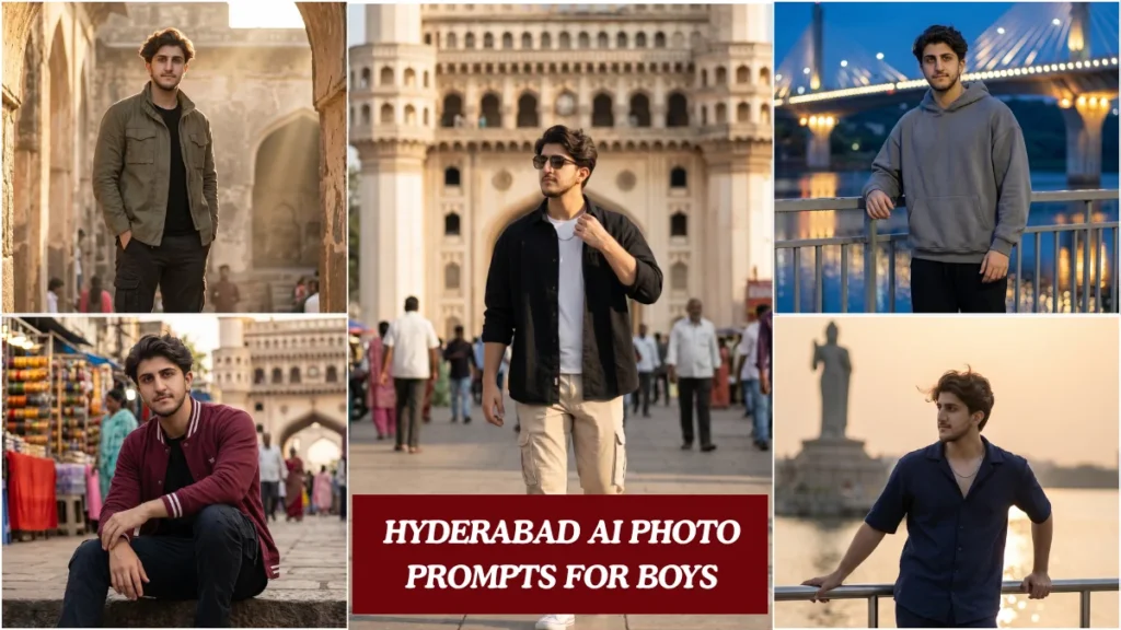 Five cinematic Hyderabad AI photo prompts for boys showing Pinterest outfits at Charminar, Golconda Fort, and Hussain Sagar Lake