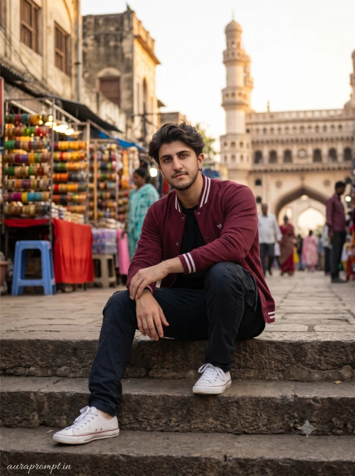 Young Indian man in maroon varsity jacket sitting at Laad Bazaar steps in a Hyderabad AI travel photography prompt